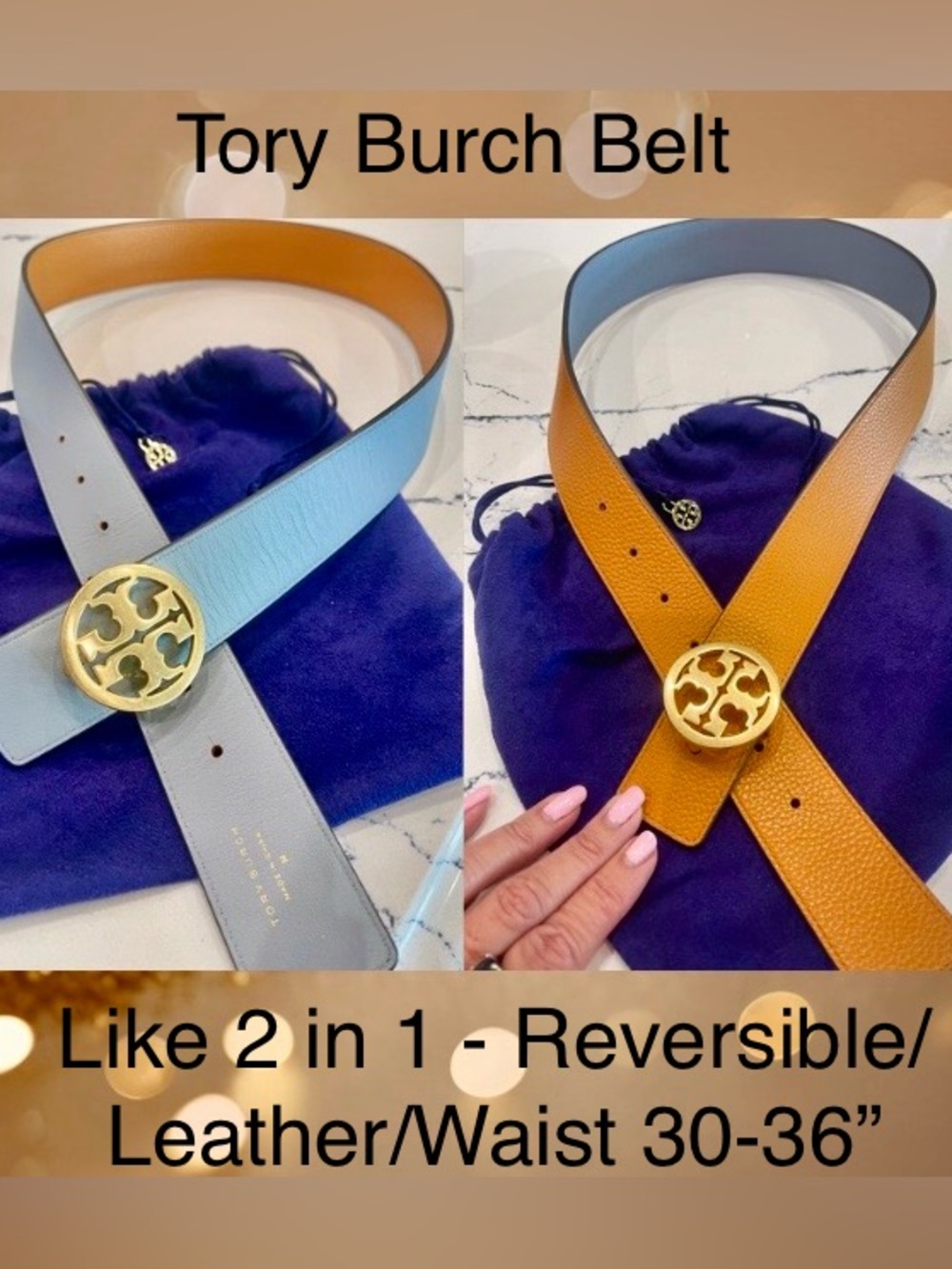 Tory Burch Reversible Leather Belt; Burnt Or&Blue/Burnished Gold logo buckle+Bag